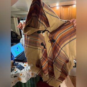 Plaid Hooded Poncho with Toggle Closures